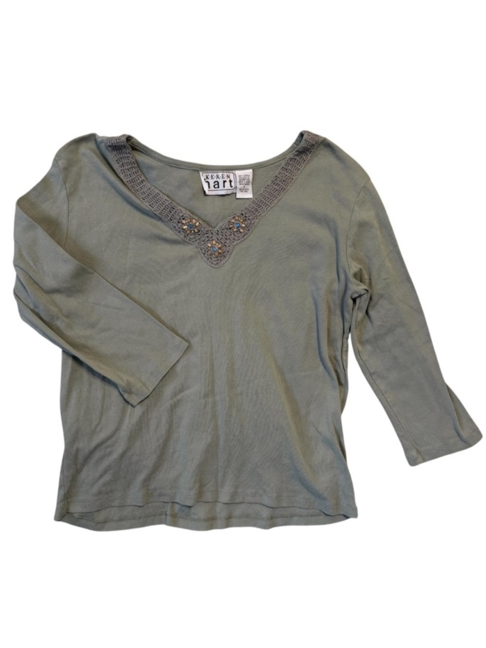 Keren Hart Boho Sage Green Crochet Beaded V-Neck 3/4 Sleeve Cotton‎ Top Small